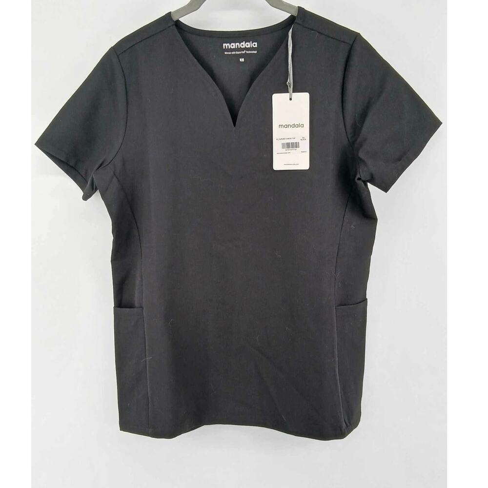 Black scrub top, Mandala, scalloped v-neck